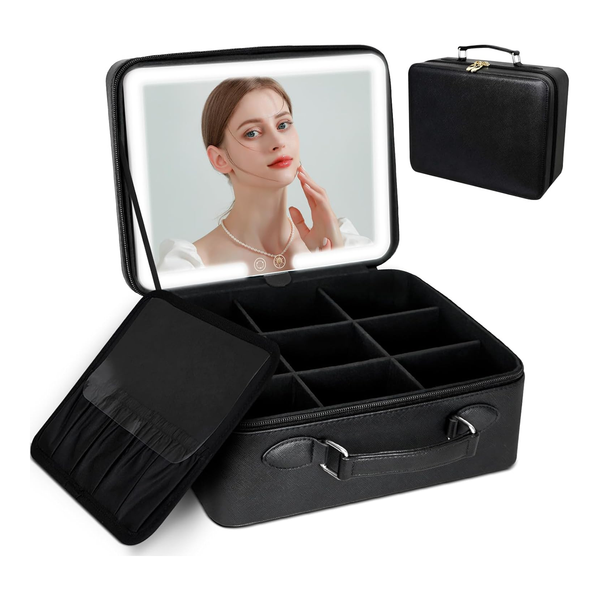 FASCINATE Makeup Case with Lighted Mirror, 3-Colour Setting, Travel Cosmetic Organizer with Adjustable Dividers