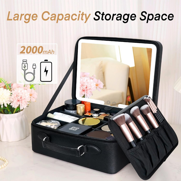 FASCINATE Makeup Case with Lighted Mirror, 3-Colour Setting, Travel Cosmetic Organizer with Adjustable Dividers