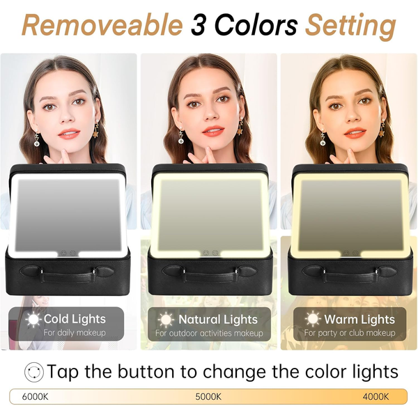 FASCINATE Makeup Case with Lighted Mirror, 3-Colour Setting, Travel Cosmetic Organizer with Adjustable Dividers