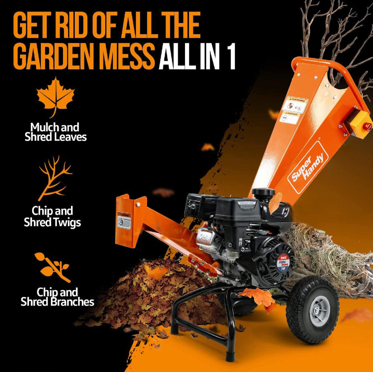 【新品】oldsea Mulch woodunder Hyundai 208cc 76mm Petrol Garden Wood Chipper, Shredder