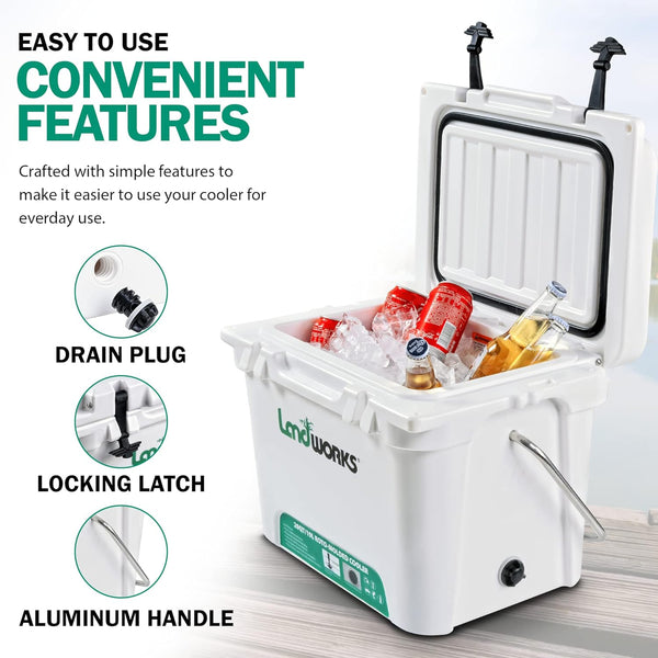 Landworks Rotomolded Enhanced Ice Cooler 20QT/45QT 5-10 Day Ice Retention Commercial Grade Food Safe Dry Ice Compatible UV Protection 15mm Gasket (2) Bottle Openers Vacuum Release Valve(GBT013)