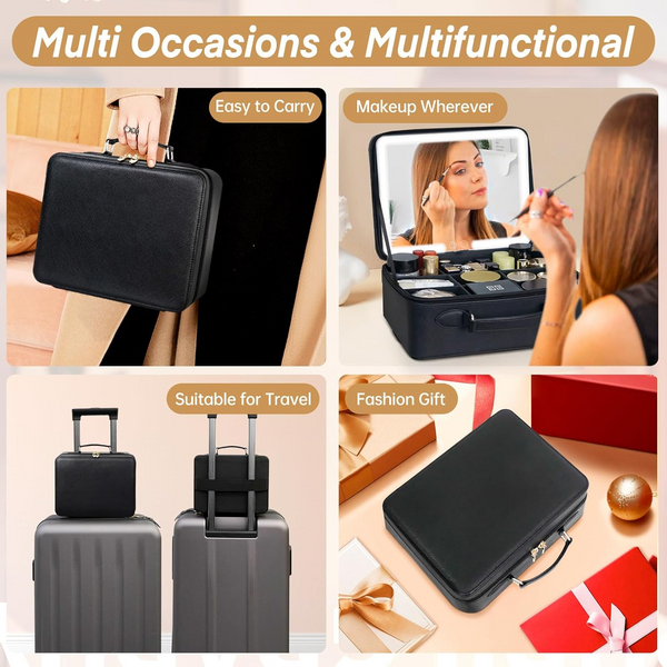 FASCINATE Makeup Case with Lighted Mirror, 3-Colour Setting, Travel Cosmetic Organizer with Adjustable Dividers
