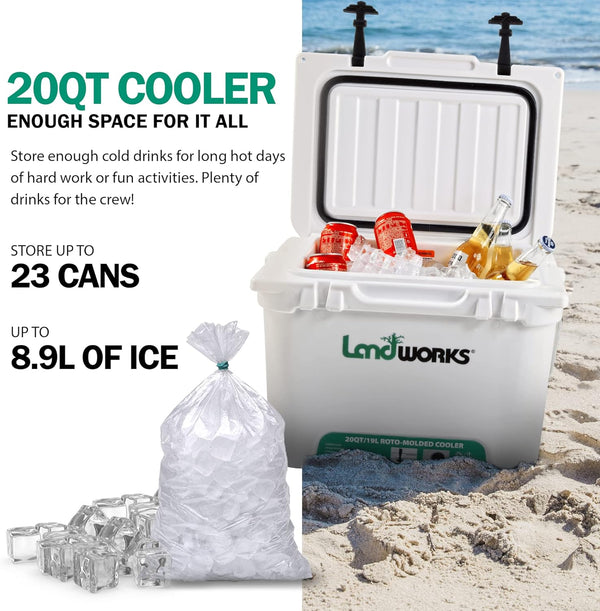 Landworks Rotomolded Enhanced Ice Cooler 20QT/45QT 5-10 Day Ice Retention Commercial Grade Food Safe Dry Ice Compatible UV Protection 15mm Gasket (2) Bottle Openers Vacuum Release Valve(GBT013)