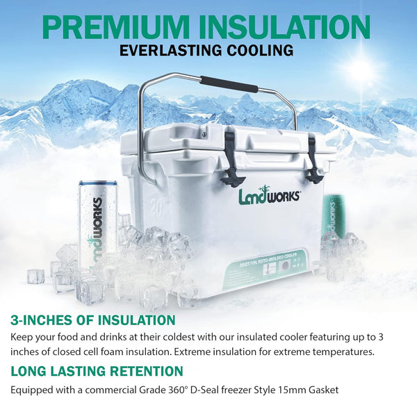Landworks Rotomolded Enhanced Ice Cooler 20QT/45QT 5-10 Day Ice Retention Commercial Grade Food Safe Dry Ice Compatible UV Protection 15mm Gasket (2) Bottle Openers Vacuum Release Valve(GBT013)
