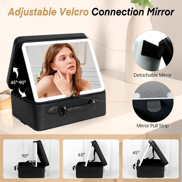 FASCINATE Makeup Case with Lighted Mirror, 3-Colour Setting, Travel Cosmetic Organizer with Adjustable Dividers