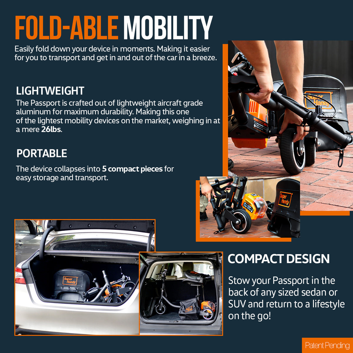 SuperHandy 3 Wheel Folding Mobility Scooter - Lightweight, Long