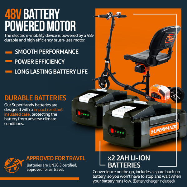 SuperHandy 3 Wheel Folding Mobility Scooter - Lightweight, Long Range w/ 2 Detachable 48V Batteries SKU: GEUT081
