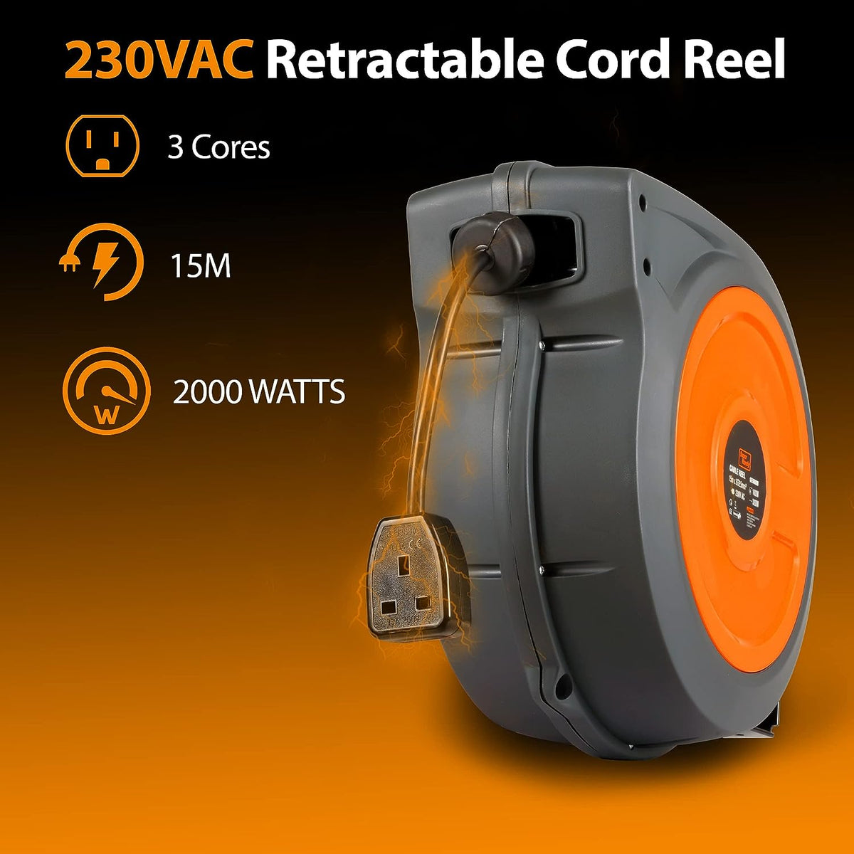 SuperHandy Retractable Extension Cord Reel 15m x 3G1.5mm² H05VV-F