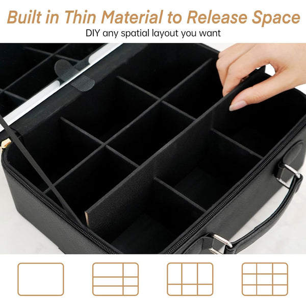 FASCINATE Makeup Case with Lighted Mirror, 3-Colour Setting, Travel Cosmetic Organizer with Adjustable Dividers