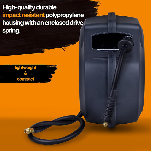 SuperHandy Air Hose Reel Retractable Spring Driven 3/8" x15m Long 300PSI 20BAR Hybrid Polymer Hose, w/Lead in Hose SKU:GEUR007