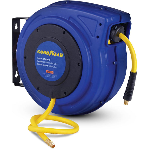 Goodyear Air Hose Reel Retractable 9.5mm x 20m Hybrid Polymer Hose Max 20BAR Commercial Polypropylene Construction w/Lead-in Hose and PVC Handle(GBR011)