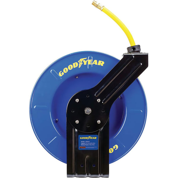 Goodyear Air Hose Reel Retractable 9.5mm x 20m 20BAR Max SBR Rubber Hose Heavy Duty Industrial Steel Single Arm Construction(GBR012)
