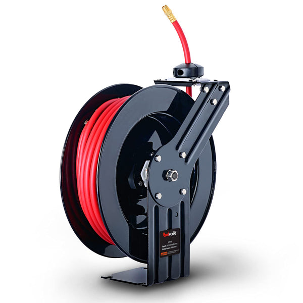 ReelWorks Air Hose Reel Retractable 3/8" Inch x 50' Feet Hybrid Polymer Hose, Max. 300 PSI Compressor Water Plastic Spring Driven Swivel Bracket(GBR014)