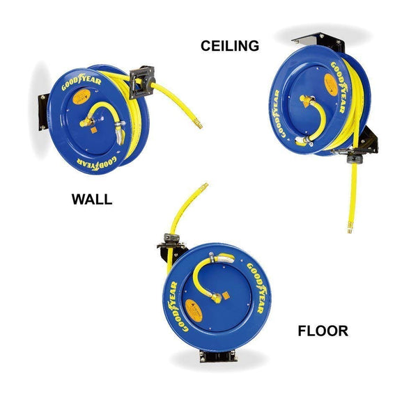 Goodyear Air Hose Reel Retractable 9.5mm x 15m 20BAR Max SBR Rubber Hose Heavy Duty Industrial Steel Single Arm Construction GBR002