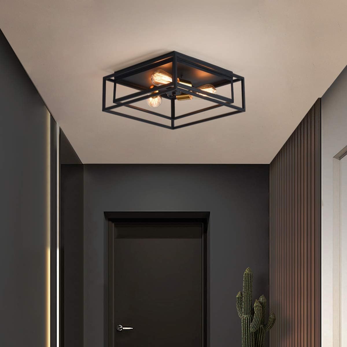 Garwarm Vintage 3-Light Square Flush Mount, Black Metal Ceiling
