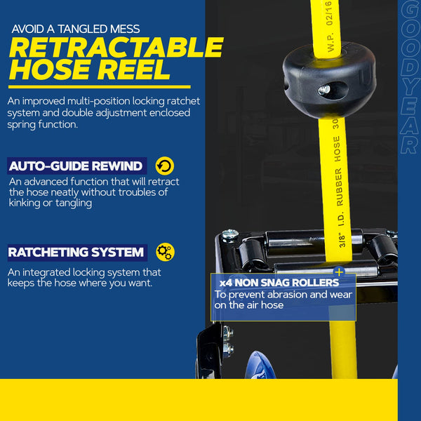 Goodyear Air Hose Reel Retractable 9.5mm x 15m 20BAR Max SBR Rubber Hose Heavy Duty Industrial Steel Single Arm Construction GBR002