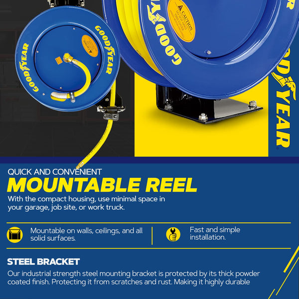 Goodyear Air Hose Reel Retractable 9.5mm x 15m 20BAR Max SBR Rubber Hose Heavy Duty Industrial Steel Single Arm Construction GBR002