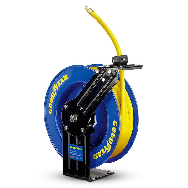 Goodyear Air Hose Reel Retractable 9.5mm x 15m 20BAR Max SBR Rubber Hose Heavy Duty Industrial Steel Single Arm Construction GBR002