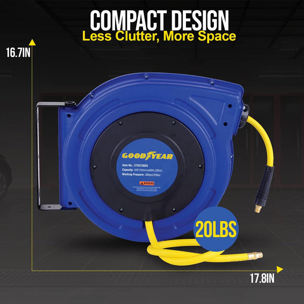 Goodyear Air Hose Reel Retractable 9.5mm x 20m Hybrid Polymer Hose Max 20BAR Commercial Polypropylene Construction w/Lead-in Hose and PVC Handle(GBR011)