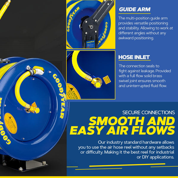 Goodyear Air Hose Reel Retractable 9.5mm x 15m 20BAR Max SBR Rubber Hose Heavy Duty Industrial Steel Single Arm Construction GBR002