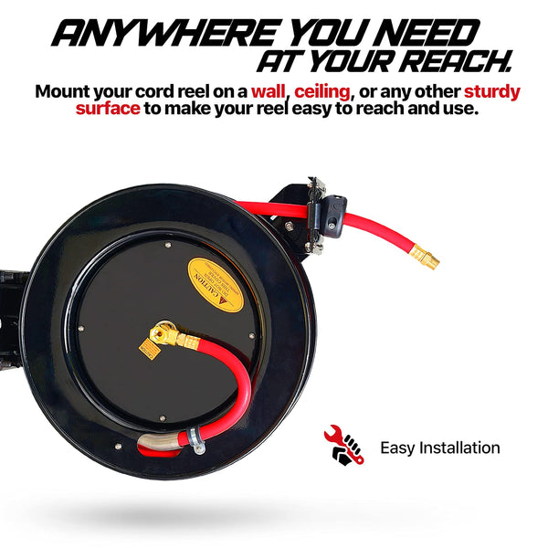 ReelWorks Air Hose Reel Retractable 3/8" Inch x 50' Feet Hybrid Polymer Hose, Max. 300 PSI Compressor Water Plastic Spring Driven Swivel Bracket(GBR014)