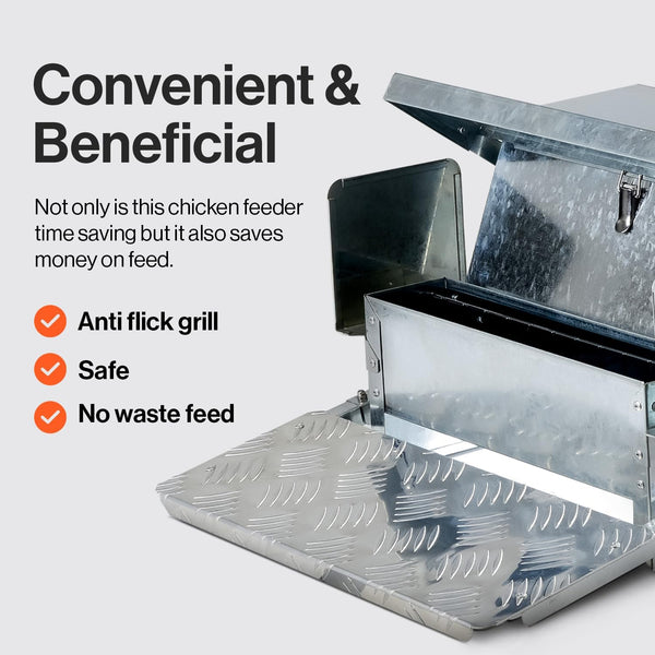 SuperHandy Chicken Feeder Automatic 20lbs (9kg) Capacity Trough Feeds 6-12 Poultry/Fowl Up to 10 Days Keeps Dry with Spill Proof Galvanized Steel Bird Prevention for Chickens, Pheasants, or Roosters GBTS016