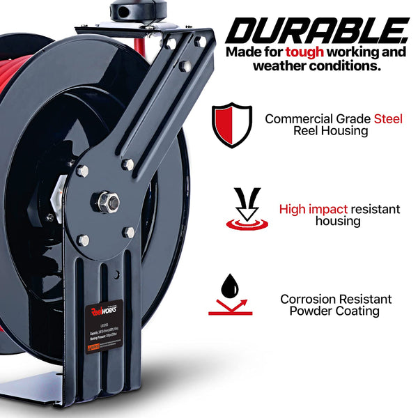 ReelWorks Air Hose Reel Retractable 3/8" Inch x 50' Feet Hybrid Polymer Hose, Max. 300 PSI Compressor Water Plastic Spring Driven Swivel Bracket(GBR014)