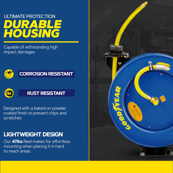 Goodyear Air Hose Reel Retractable 9.5mm x 15m 20BAR Max SBR Rubber Hose Heavy Duty Industrial Steel Single Arm Construction GBR002