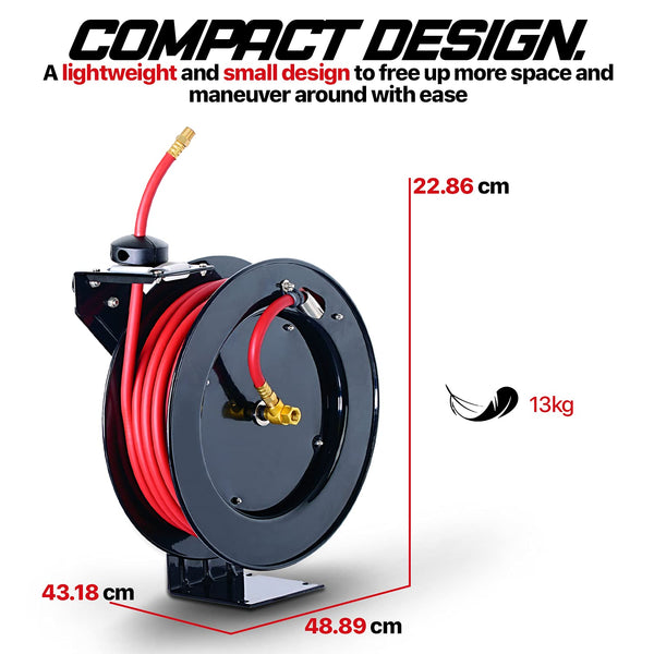 ReelWorks Air Hose Reel Retractable 3/8" Inch x 50' Feet Hybrid Polymer Hose, Max. 300 PSI Compressor Water Plastic Spring Driven Swivel Bracket(GBR014)
