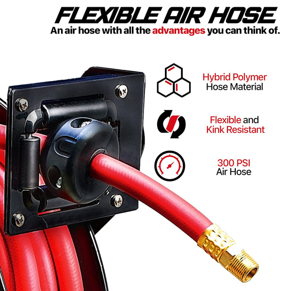 ReelWorks Air Hose Reel Retractable 3/8" Inch x 50' Feet Hybrid Polymer Hose, Max. 300 PSI Compressor Water Plastic Spring Driven Swivel Bracket(GBR014)