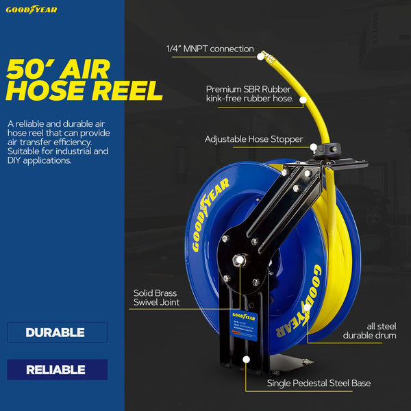 Goodyear Air Hose Reel Retractable 9.5mm x 15m 20BAR Max SBR Rubber Hose Heavy Duty Industrial Steel Single Arm Construction GBR002