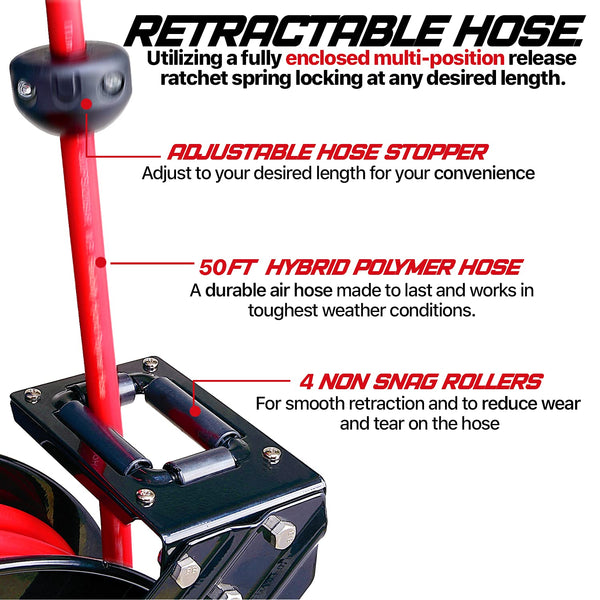 ReelWorks Air Hose Reel Retractable 3/8" Inch x 50' Feet Hybrid Polymer Hose, Max. 300 PSI Compressor Water Plastic Spring Driven Swivel Bracket(GBR014)