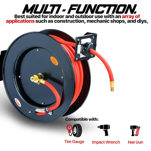 ReelWorks Air Hose Reel Retractable 3/8" Inch x 50' Feet Hybrid Polymer Hose, Max. 300 PSI Compressor Water Plastic Spring Driven Swivel Bracket(GBR014)