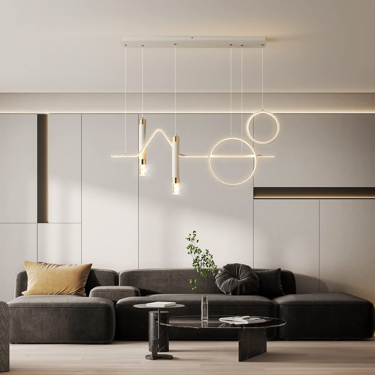 Garwarm Linear Wave Pendant Light Dimmable Chandelier with Remote Cont ...