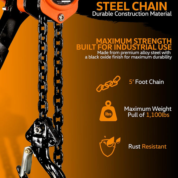 SuperHandy Mini Lever Hoist Come Along 1/2 TON 1100 LBS Capacity 5FT Lift 2 Heavy Duty Hooks Commercial Grade Steel for Lifting Pulling Construction Building Garages Warehouse Automotive Machinery(GEUT014)