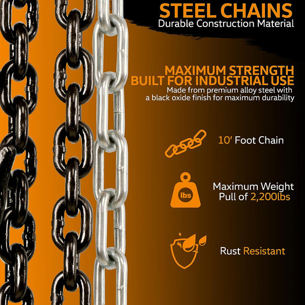 SuperHandy Chain Block Hoist Come Along 1 TON 2200LBS Capacity 10FT Lift Heavy Duty Hooks Commercial Grade Steel SKU:GEUT016