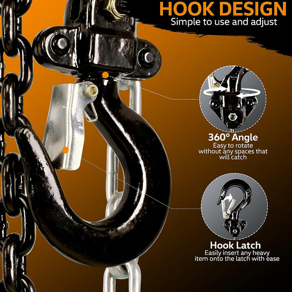 SuperHandy Chain Block Hoist Come Along 1 TON 2200LBS Capacity 10FT Lift Heavy Duty Hooks Commercial Grade Steel SKU:GEUT016