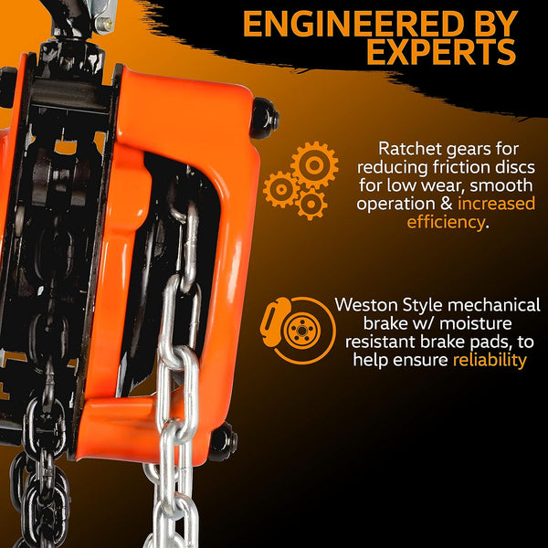 SuperHandy Chain Block Hoist Come Along 1 TON 2200LBS Capacity 10FT Lift Heavy Duty Hooks Commercial Grade Steel SKU:GEUT016