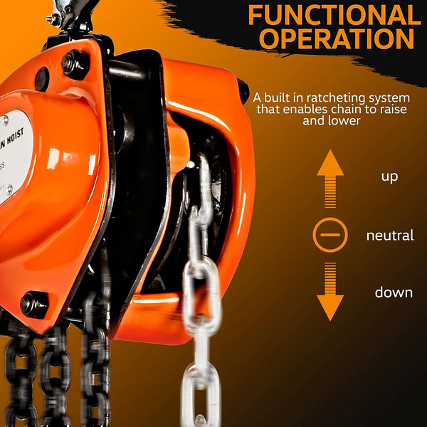 SuperHandy Chain Block Hoist Come Along 1 TON 2200LBS Capacity 10FT Lift Heavy Duty Hooks Commercial Grade Steel SKU:GEUT016