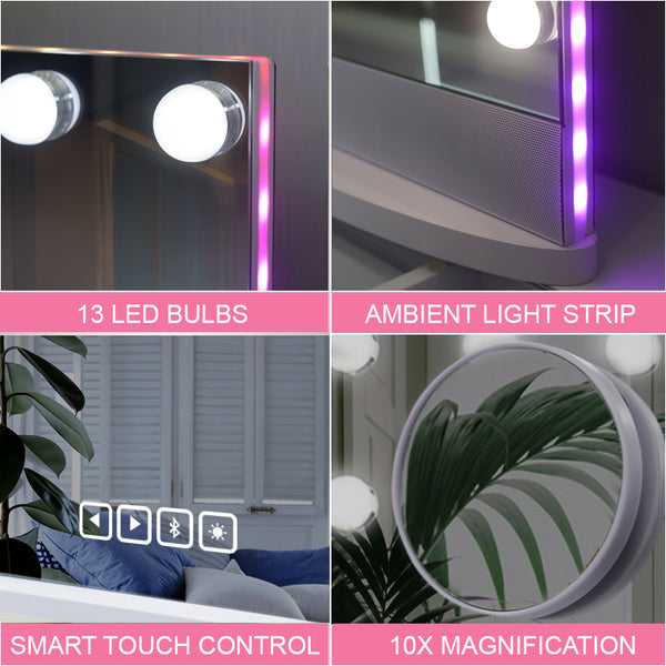 Hollywood Mirror with Bluetooth Speaker, 13 Dimmable LED Bulbs, Dynamic RGB LED Side Lighting, SKU: MT005846PRO
