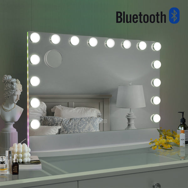 Hollywood Mirror with Bluetooth Speaker, 16-Dimmable Bulbs, LED Ambient Light Strip, SKU: MT008058PRO
