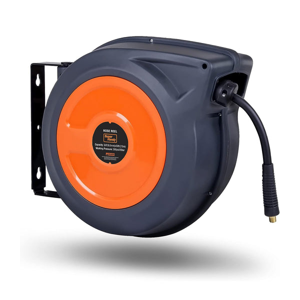 SuperHandy Air Hose Reel Retractable Spring Driven 3/8" x15m Long 300PSI 20BAR Hybrid Polymer Hose, w/Lead in Hose SKU:GEUR007