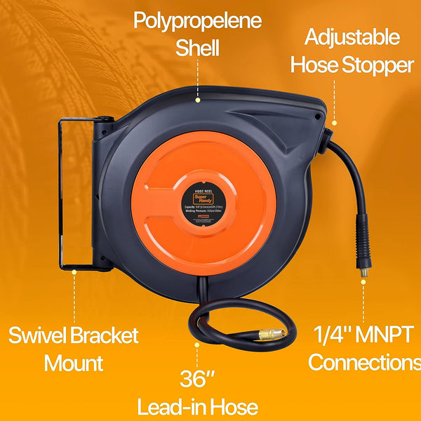 SuperHandy Air Hose Reel Retractable Spring Driven 3/8" x15m Long 300PSI 20BAR Hybrid Polymer Hose, w/Lead in Hose SKU:GEUR007
