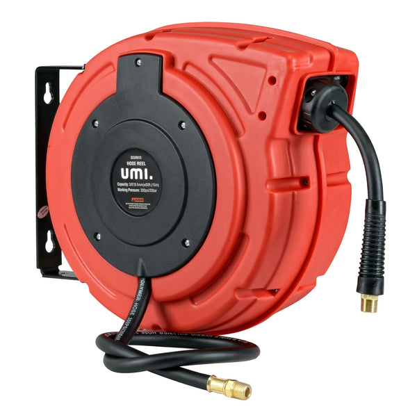 Umi Air Hose Reel Retractable - 9.5mm x 15m Premium Commercial Flex Hybrid Polymer Hose Max 20bar Heavy Duty Spring Driven Polypropylene Construction w/Lead in Hose
