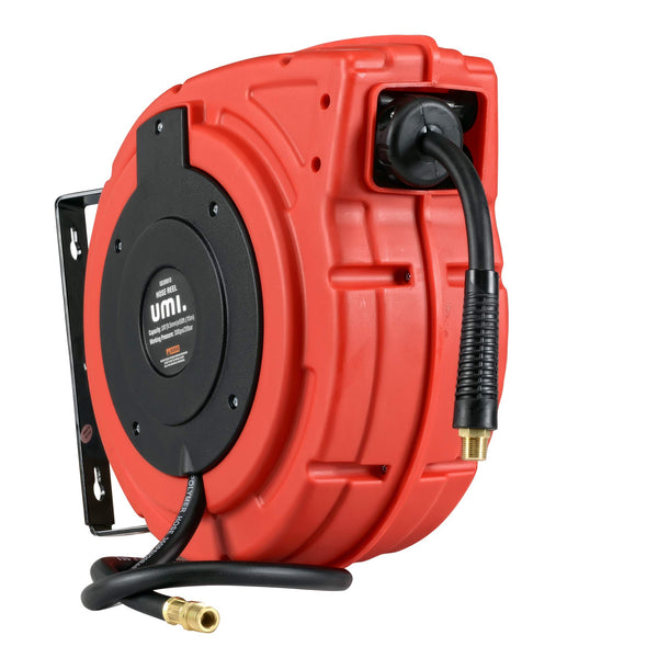 Umi Air Hose Reel Retractable - 9.5mm x 15m Premium Commercial Flex Hybrid Polymer Hose Max 20bar Heavy Duty Spring Driven Polypropylene Construction w/Lead in Hose