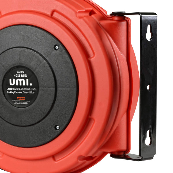 Umi Air Hose Reel Retractable - 9.5mm x 15m Premium Commercial Flex Hybrid Polymer Hose Max 20bar Heavy Duty Spring Driven Polypropylene Construction w/Lead in Hose