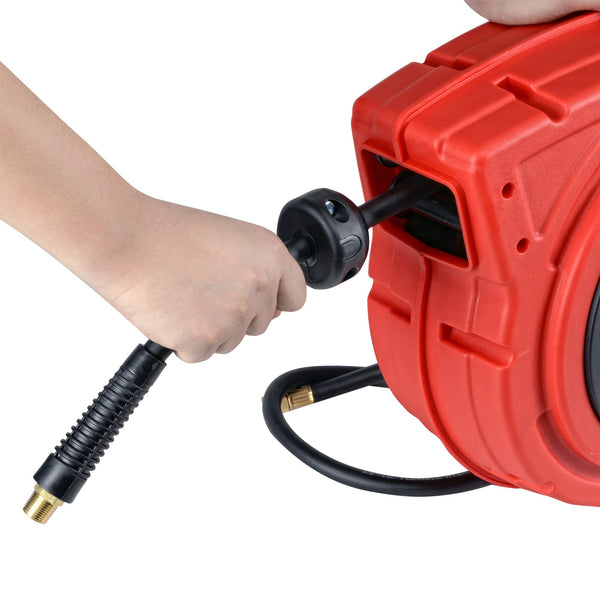 Umi Air Hose Reel Retractable - 9.5mm x 15m Premium Commercial Flex Hybrid Polymer Hose Max 20bar Heavy Duty Spring Driven Polypropylene Construction w/Lead in Hose