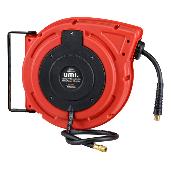 Umi Air Hose Reel Retractable - 9.5mm x 15m Premium Commercial Flex Hybrid Polymer Hose Max 20bar Heavy Duty Spring Driven Polypropylene Construction w/Lead in Hose