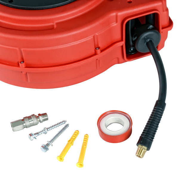 Umi Air Hose Reel Retractable - 9.5mm x 15m Premium Commercial Flex Hybrid Polymer Hose Max 20bar Heavy Duty Spring Driven Polypropylene Construction w/Lead in Hose